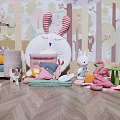 Colorful Plush Toys Collection In Kids Room With Forest Theme Wall And Playful Furniture