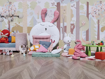 Colorful Plush Toys Collection In Kids Room With Forest Theme Wall And Playful Furniture 3d model