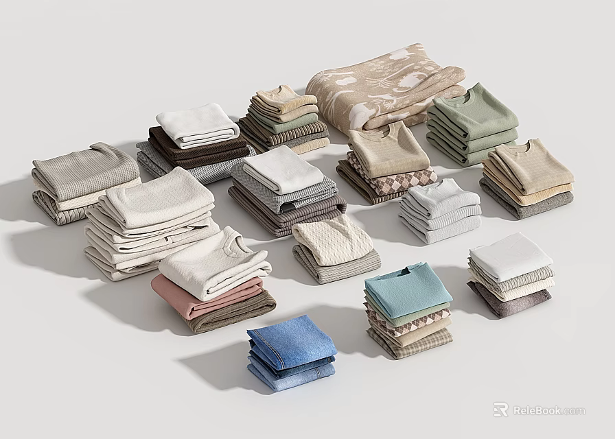 Neatly Folded Clothes in Various Colors Gray Beige Blue Green Pink for Everyday Casual Wear 3d model 