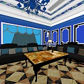 Luxurious KTV Interior With Blue White Decor Chandelier Marble Tables And Sofas 3d model