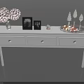 White Console Table With Pink Flower Bouquet Photo Frames Decorative Tray And Small Ornaments