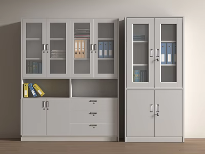 Gray Office File Cabinet With Glass Doors Drawers And Folders Inside 3d model