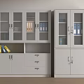 Gray Office File Cabinet With Glass Doors Drawers And Folders Inside
