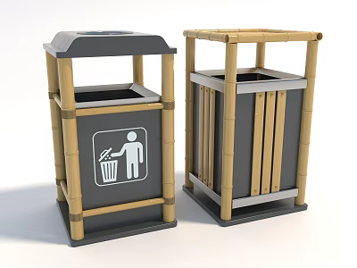 Public Trash Bins With Wooden Frames And Gray Bodies Featuring Recycling Sign 3d model