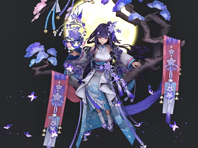 Woman In Traditional Outfit With Purple Flowers Butterflies Full Moon Tree Branch And Red Banners 3d model
