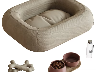 Pet Supplies With Dog Bed Food Bowls Toys And Water Bottle 3d model