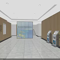 City Government Service Hall Interior With Self Service Kiosks Wooden Walls And Green Plant