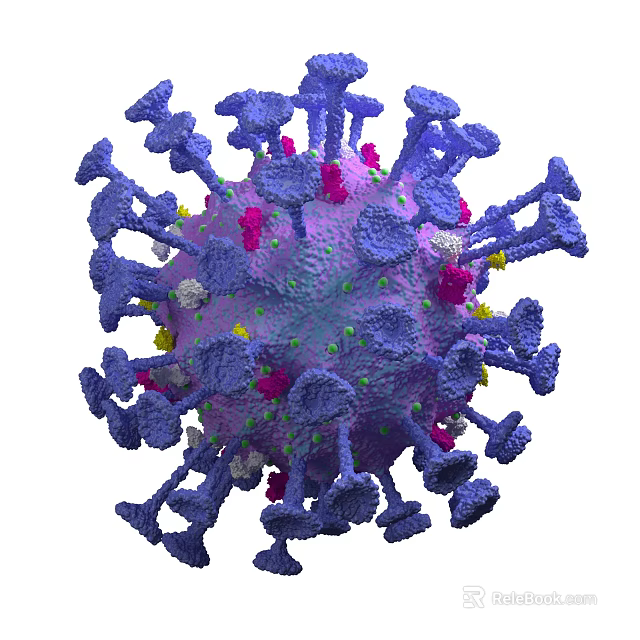Virus 3D Rendering Showing Purple Structure With Pink Yellow Components And Spike Proteins 3d model