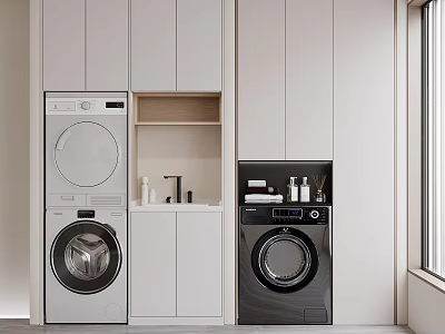 Modern Bathroom Cabinetry Design With Sink Faucet Washing Machine Dryer And Storage 3d model