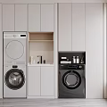 Modern Bathroom Cabinetry Design With Sink Faucet Washing Machine Dryer And Storage