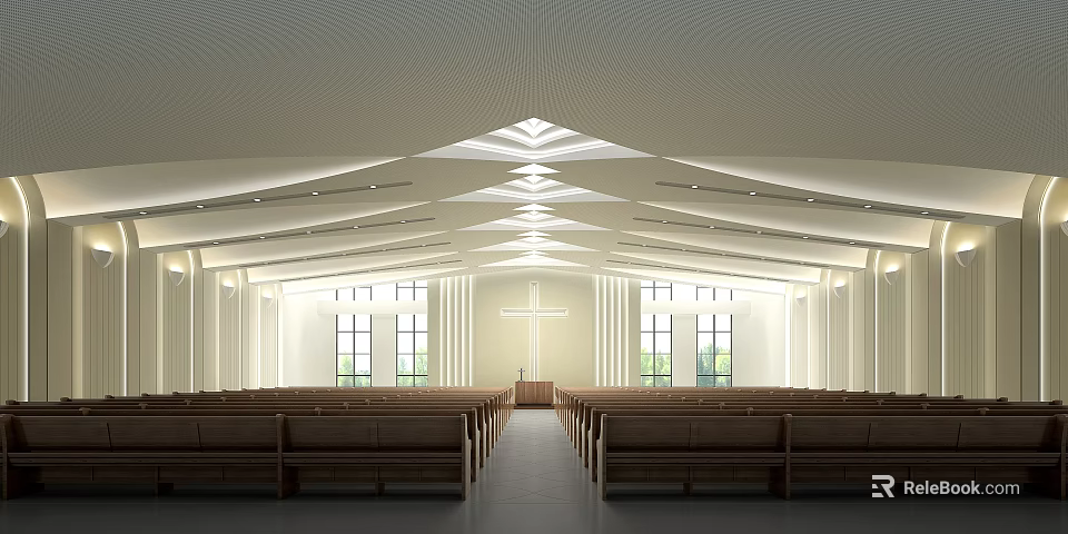 Religious Church Interior With Cross Pews High Ceiling Design And Natural Lighting 3d model 