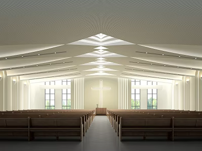 Religious Church Interior With Cross Pews High Ceiling Design And Natural Lighting 3d model