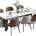 Modern Dining Table Set with Marble Top and Six Grey Brown Chairs with Plant Decoration