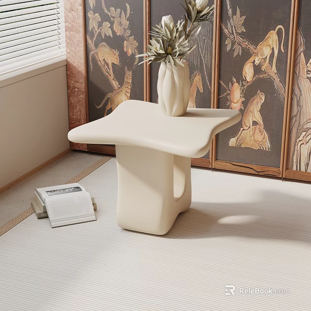 Traditional Room Divider Screen With Monkey And Tree Patterns And White Decorative Table 3d model 