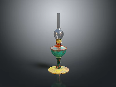 Vintage Oil Lamp With Glass Chimney And Colorful Ceramic Pedestal Base 3d model