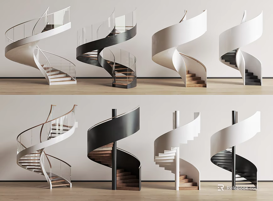 Modern Spiral Stairs With Various Designs Metal Railings And Wooden Steps 3d model 