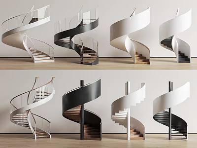 Modern Spiral Stairs With Various Designs Metal Railings And Wooden Steps 3d model