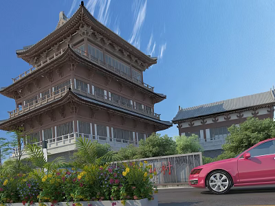 Ancient Chinese Pagoda With Traditional Roof Windows Greenery Flower Beds Red Car And Blue Sky 3d model