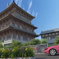Ancient Chinese Pagoda With Traditional Roof Windows Greenery Flower Beds Red Car And Blue Sky