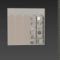 Stylish Wardrobe with Arched Dot Pattern Doors Open Shelves Lighting Strips and Storage Items 3d model
