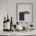 Wine Bottles And Glasses On Marble Countertop With Golden Wine Rack And Decorative Painting