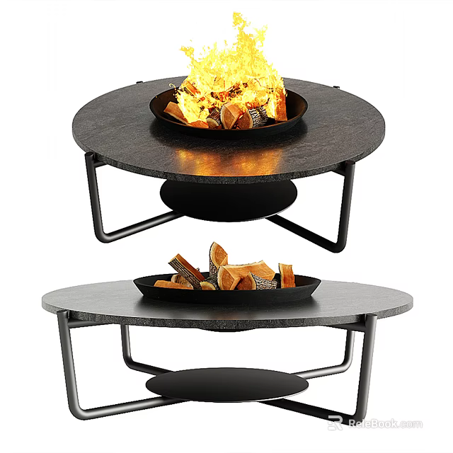 Round Garden Fire Tables With Burning Firewood And Black Metal Frames 3d model 