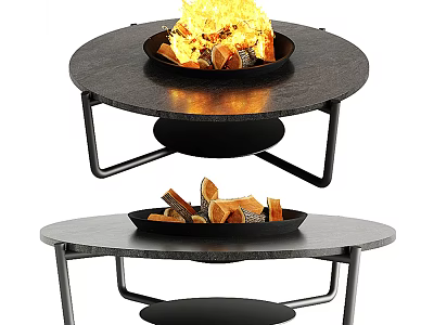 Round Garden Fire Tables With Burning Firewood And Black Metal Frames 3d model