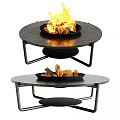 Round Garden Fire Tables With Burning Firewood And Black Metal Frames