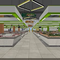 Spacious Supermarket Interior With Stocked Fruit Vegetable Shelves Hexagonal Pendant Lights And Green Pillars