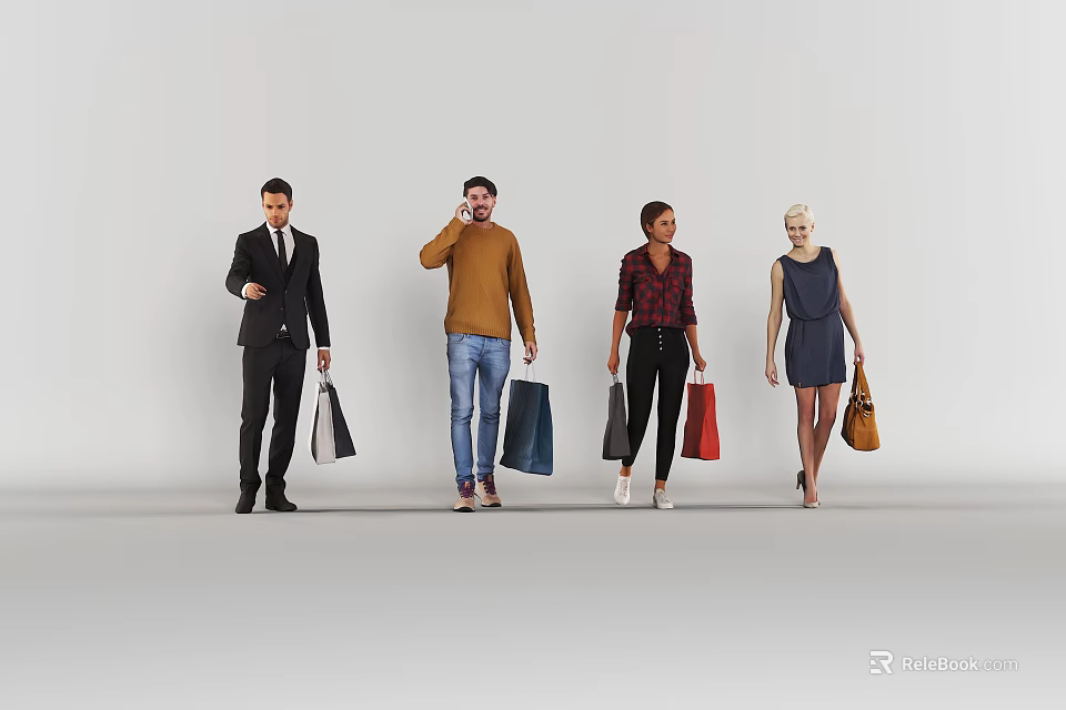 Diverse Group of People Standing Together with Shopping Bags in Various Outfits 3d model 