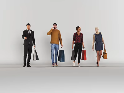 Diverse Group of People Standing Together with Shopping Bags in Various Outfits 3d model