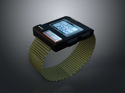 Modern Digital Watch With Black Square Dial LCD Display And Green Woven Strap 3d model