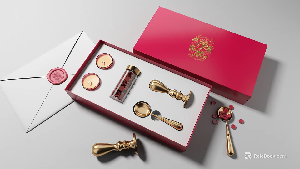 Red Gift Box With Gold Wax Seal Tools Envelope And Wax Beads Set 3d model 
