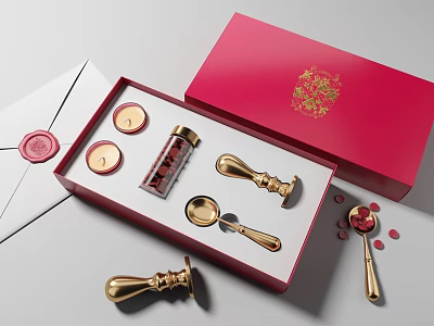 Red Gift Box With Gold Wax Seal Tools Envelope And Wax Beads Set 3d model Red Gift Box With Gold Wax Seal Tools Envelope And Wax Beads Set 3d model