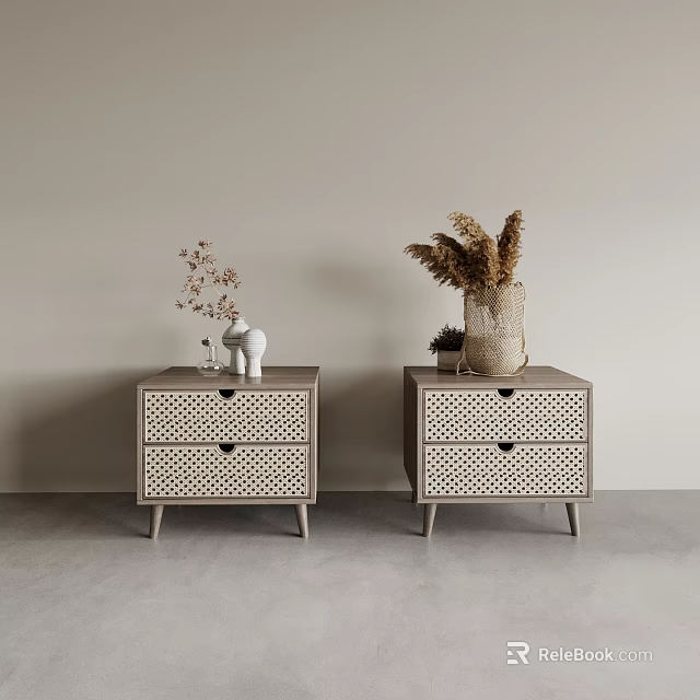 Minimalist Modern Wooden Entryway Side Cabinets With Rattan Panels Vases Dried Plants And Decorative Figurines 3d model 