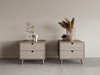 Minimalist Modern Wooden Entryway Side Cabinets With Rattan Panels Vases Dried Plants And Decorative Figurines 3d model