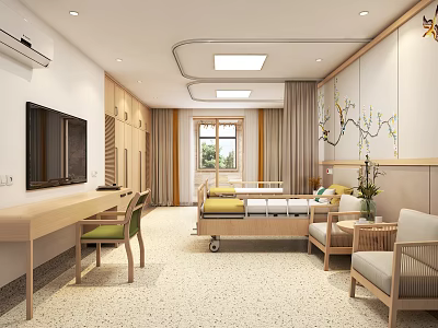 Modern Hospital Outpatient Ward Interior Featuring Bed Desk TV Window And Decorative Plant 3d model