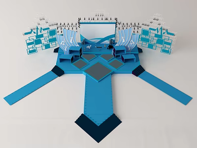 Handcrafted Blue Paper Craft Model With Geometric Stage Structure And White Decorative Elements 3d model