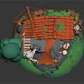 Colorful Cartoon Scene With Windmill House Tree Horses Hay Green Grass And Red Roof