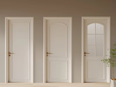 Three White Interior Doors With Different Panel Designs And Gold Handles In Room 3d model