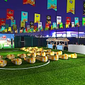 Illuminated Football Field With Fenced Area Colorful Decorations And Event Tables Chairs