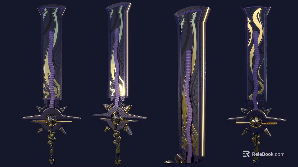 The image focuses on ornate sword hilts without any animal elements so a title with animal as the main subject cannot be generated based on the provided picture. 3d model 