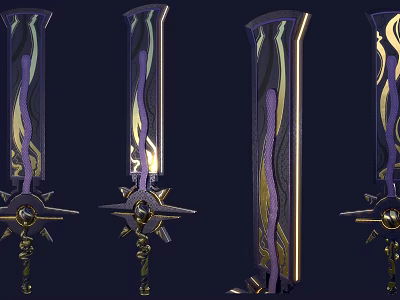 The image focuses on ornate sword hilts without any animal elements so a title with animal as the main subject cannot be generated based on the provided picture. 3d model