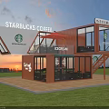 Starbucks Coffee Shop Container Building With Glass Doors And Staircase Balcony