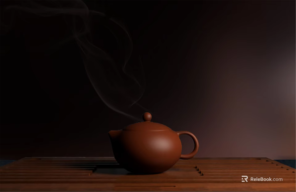 Traditional Brown Teapot Steaming With Hot Tea On Bamboo Mat Dark Background 3d model 