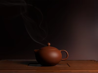 Traditional Brown Teapot Steaming With Hot Tea On Bamboo Mat Dark Background 3d model