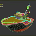 Colorful Wooden Boat with Orange Deck Blue Upper Structure Red Hull Lifesaver and Flag Mast