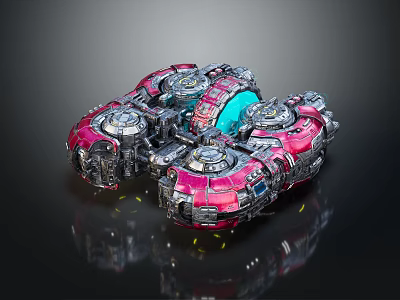 Sci-Fi Mechanical Device With Pink Silver Structure Circular Components Blue Illuminated Elements And Reflective Base 3d model