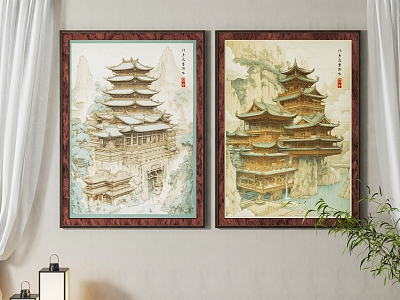 New Chinese Architectural Painting Decorative Hanging Painting Combination 3d model