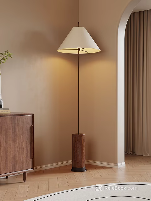 Warm Toned Interior With Modern Floor Lamp Wooden Base Cabinet And Curtain 3d model 